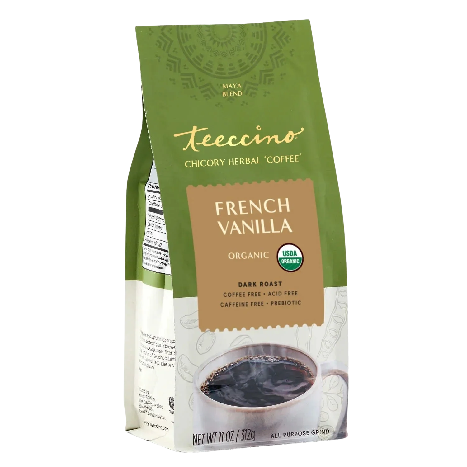 French Vanilla Chicory Herbal Coffee by Teeccino, showing a bag of herbal coffee with vanilla and chicory ingredients.