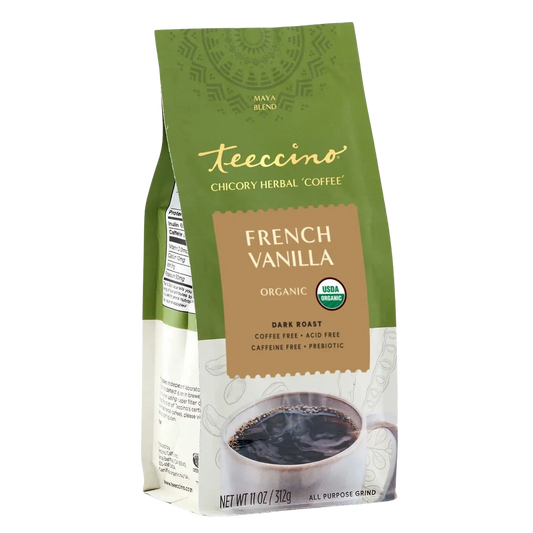 French Vanilla Chicory Herbal Coffee by Teeccino, showing a bag of herbal coffee with vanilla and chicory ingredients.