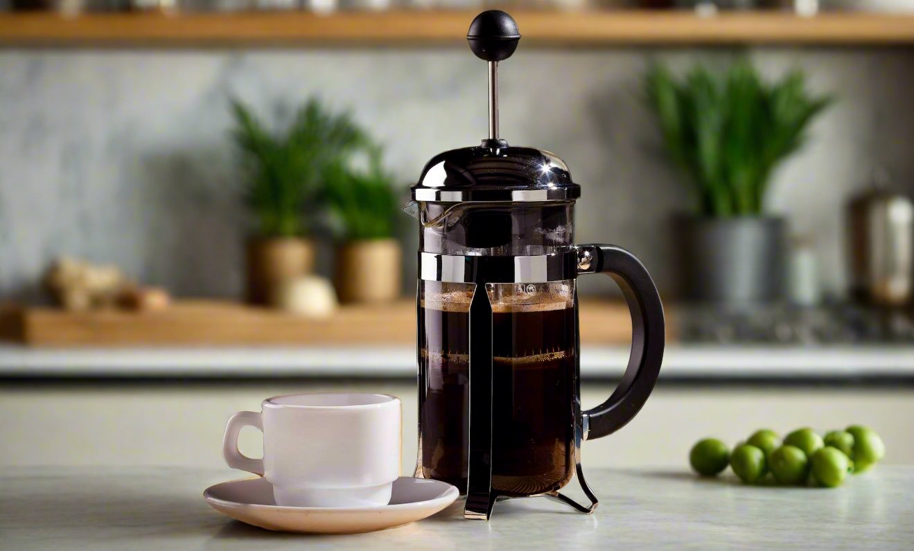 French press coffee maker with ground dark roast coffee from 42 Days Coffee, featuring a glass carafe and stainless steel filter.