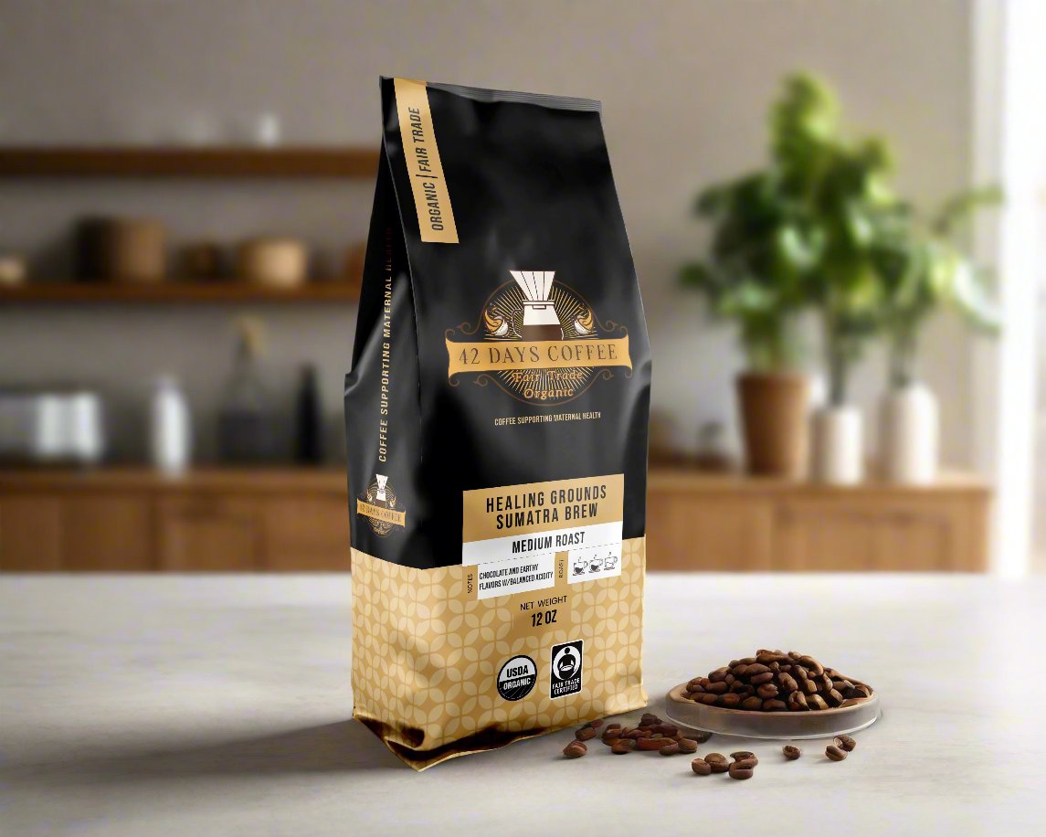 Organic Healing Grounds Sumatra Brew single origin coffee bag by 42 Days Coffee, featuring medium roast specialty coffee packaging.