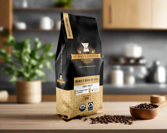 Front view of 42 Days Coffee Mama's Wake Up Call organic single origin light roast coffee bag with colorful label.