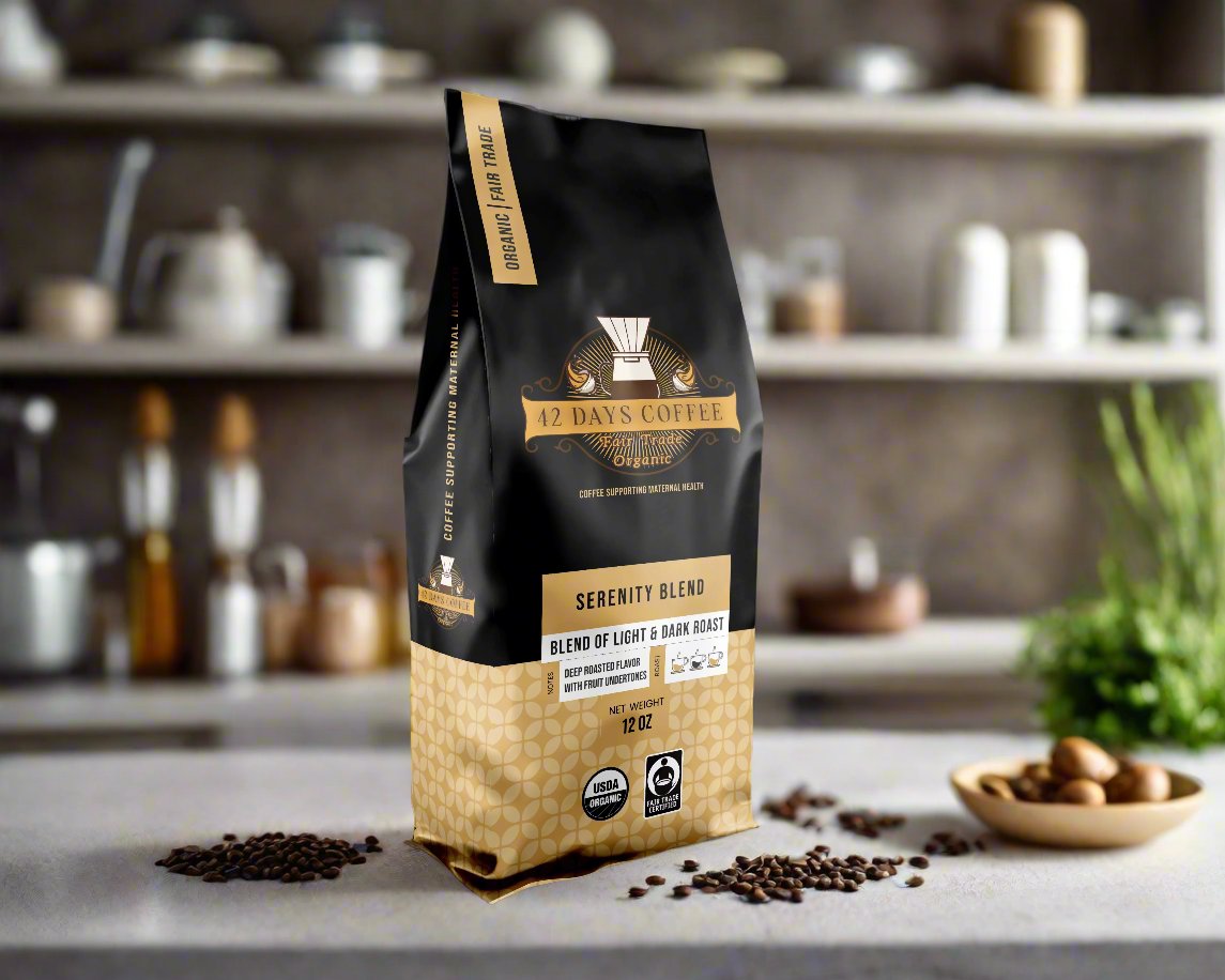 Front view of 42 Days Coffee Serenity Blend organic light and dark roast coffee bag featuring a sleek label design.