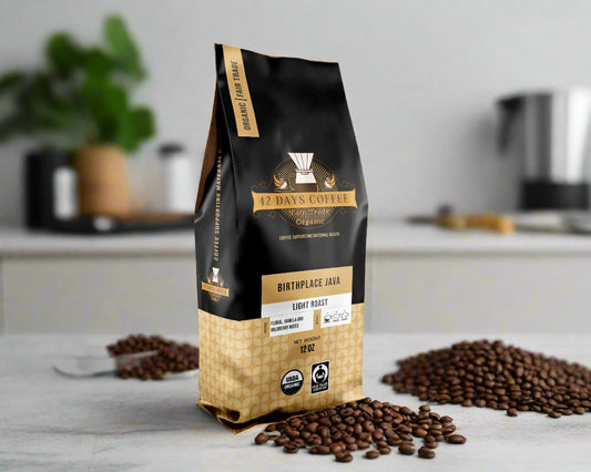 Front view of 42 Days Coffee Birthplace Java organic light roast coffee bag with label and branding.