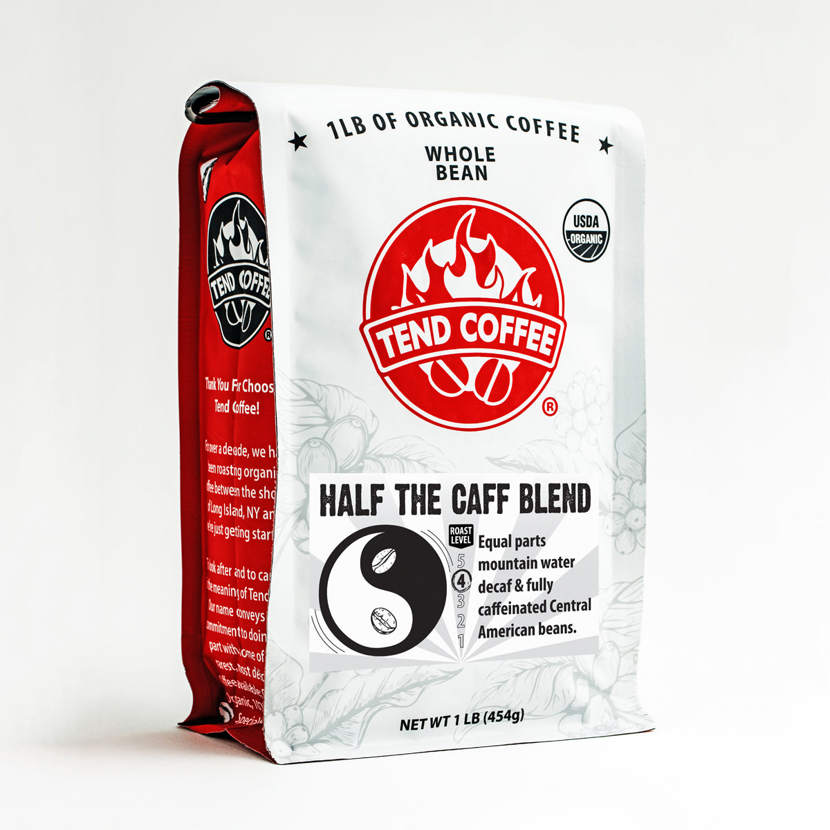 Front view of Tend Coffee's Half The Caff Blend coffee bag, showcasing the packaging design.