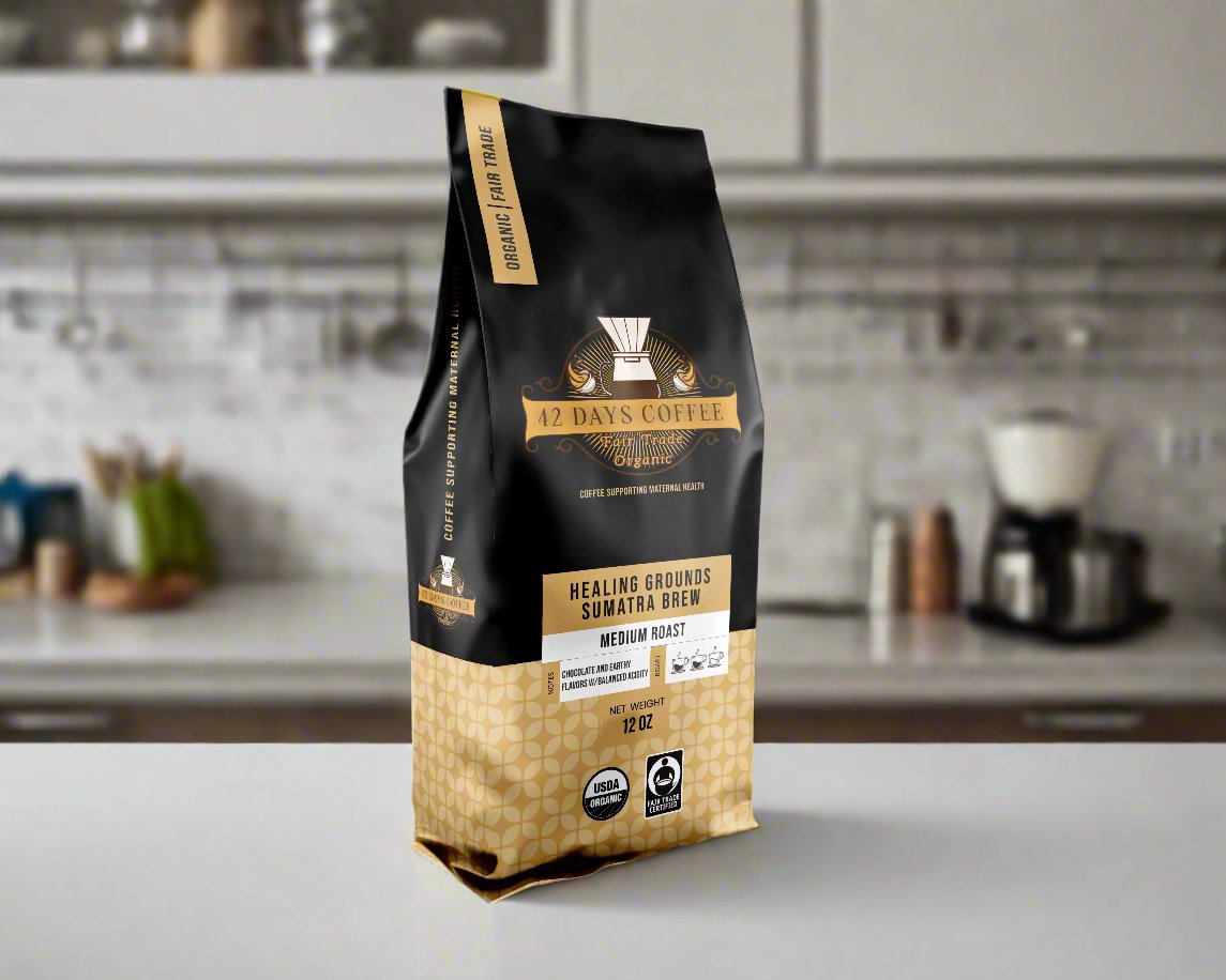 Front of Healing Grounds Sumatra Brew Organic Medium Roast Specialty Coffee bag by 42 Days Coffee, showcasing the product label and packaging