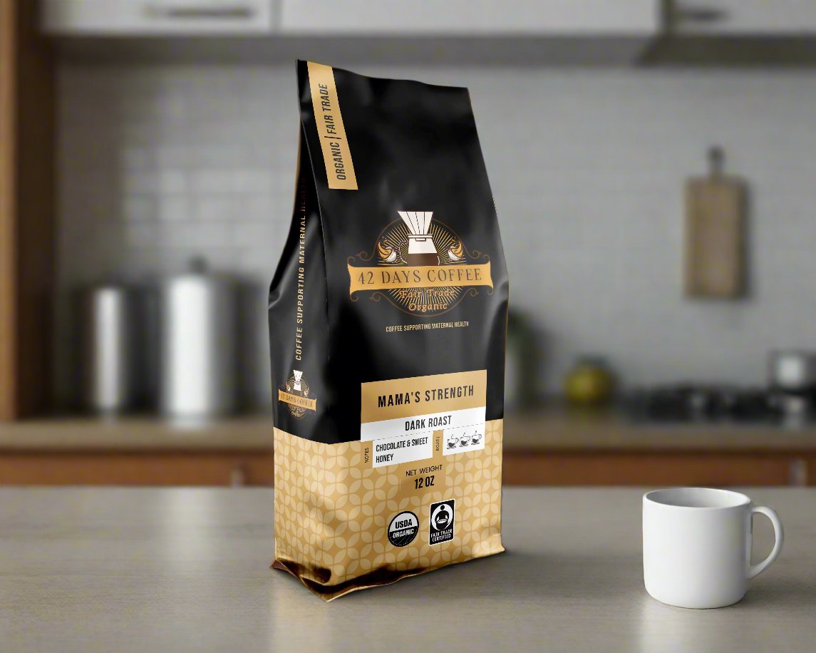 Front view of Mama's Strength organic dark roast coffee bag by 42 Days Coffee, featuring bold branding and premium packaging.