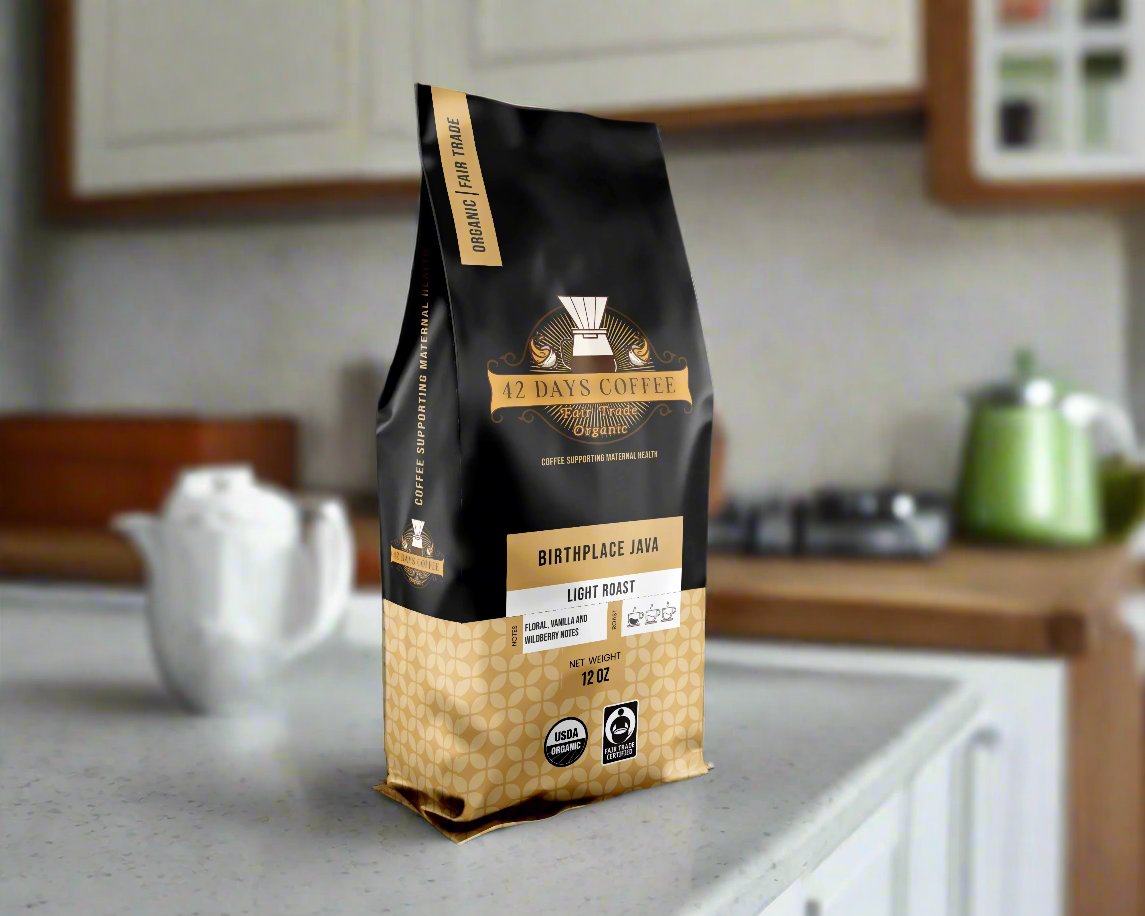 Front view of 42 Days Coffee Birthplace Java organic light roast coffee bag with label design.