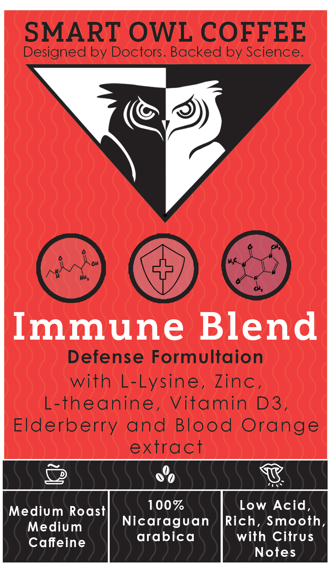 Smart Owl Coffee Immunity Blend coffee bag front label showing branding and ingredients for immune-boosting coffee.