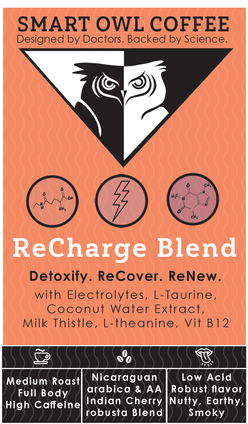 Smart Owl Coffee Recharge Blend detox coffee bag with front label showing branding and product details.