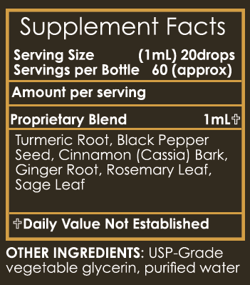 Smart Owl Coffee GOLD DROPS turmeric extract supplement drop in 2oz pot, featuring ingredient panel with natural herbal ingredients.