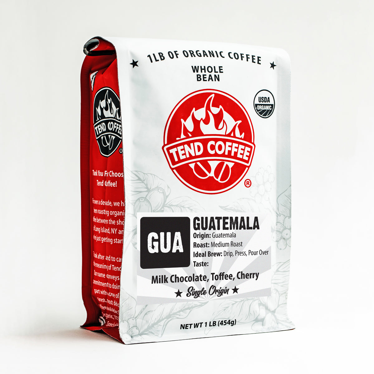 Bag of Tend Coffee Guatemala 1lb coffee beans showing the branded packaging with a focus on the label and coffee product.