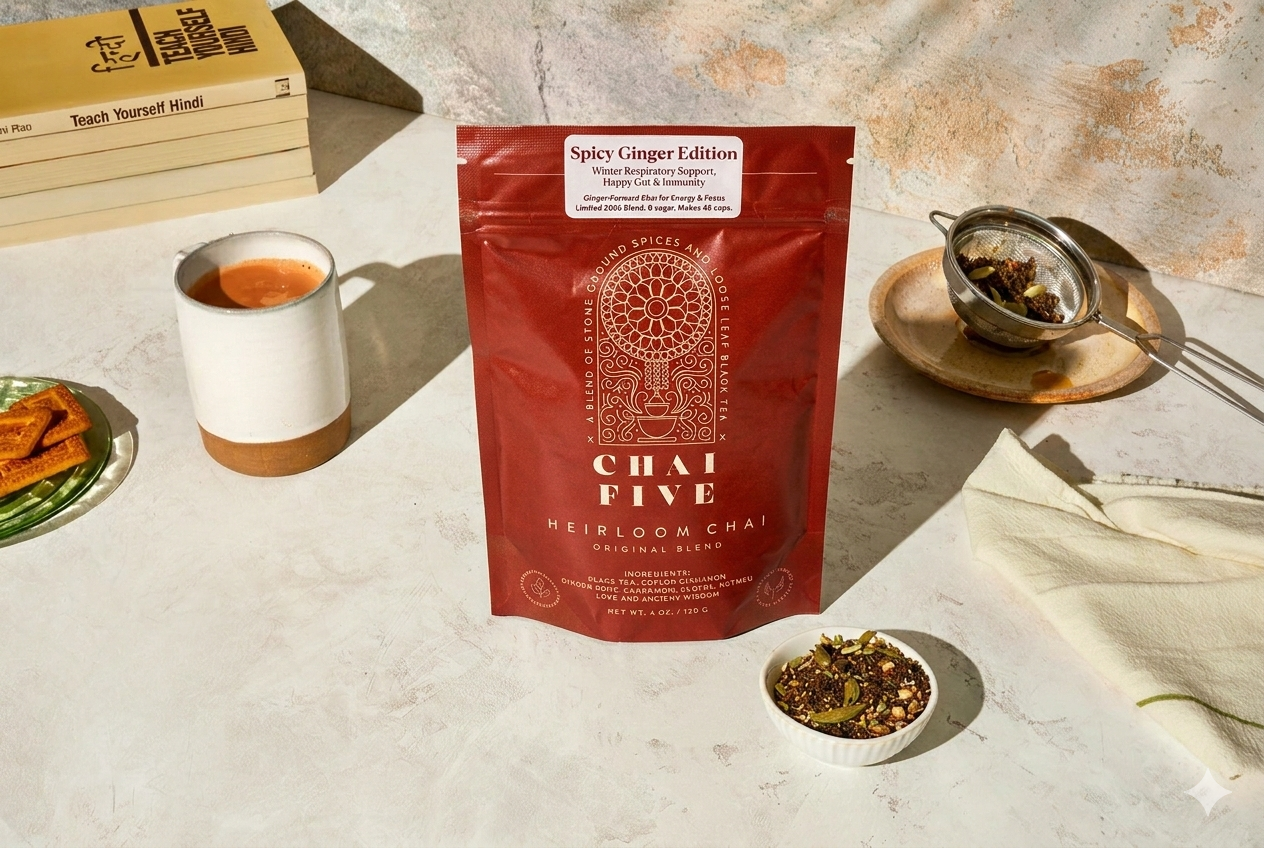 Heirloom blend chai tea from Chai Five with a warm, aromatic spice mix in a clear glass cup on a wooden surface.