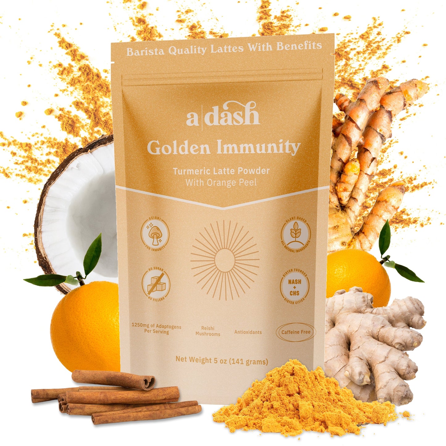 a|dash Golden Latte with turmeric powdered beverage mix in a bowl, showcasing its vibrant golden color and turmeric ingredients.