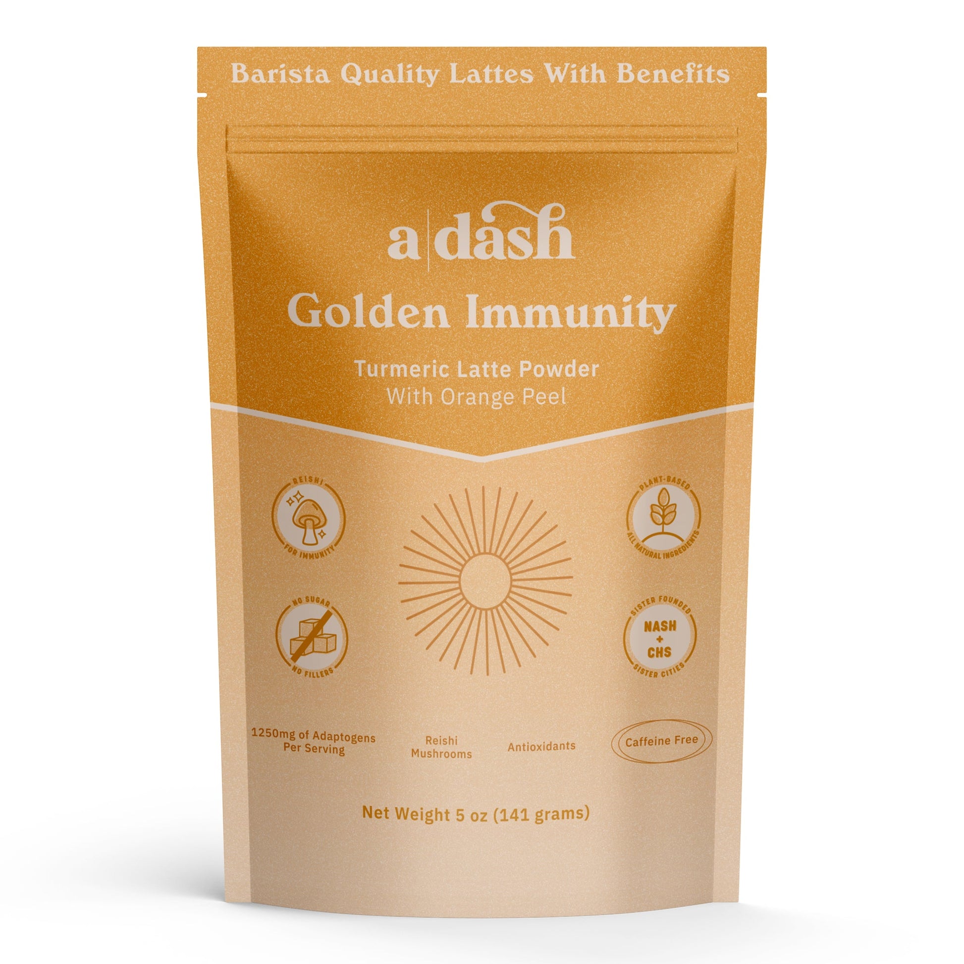 Golden latte with turmeric powdered beverage mix from a|dash, showing a vibrant yellow drink in a glass with turmeric powder.