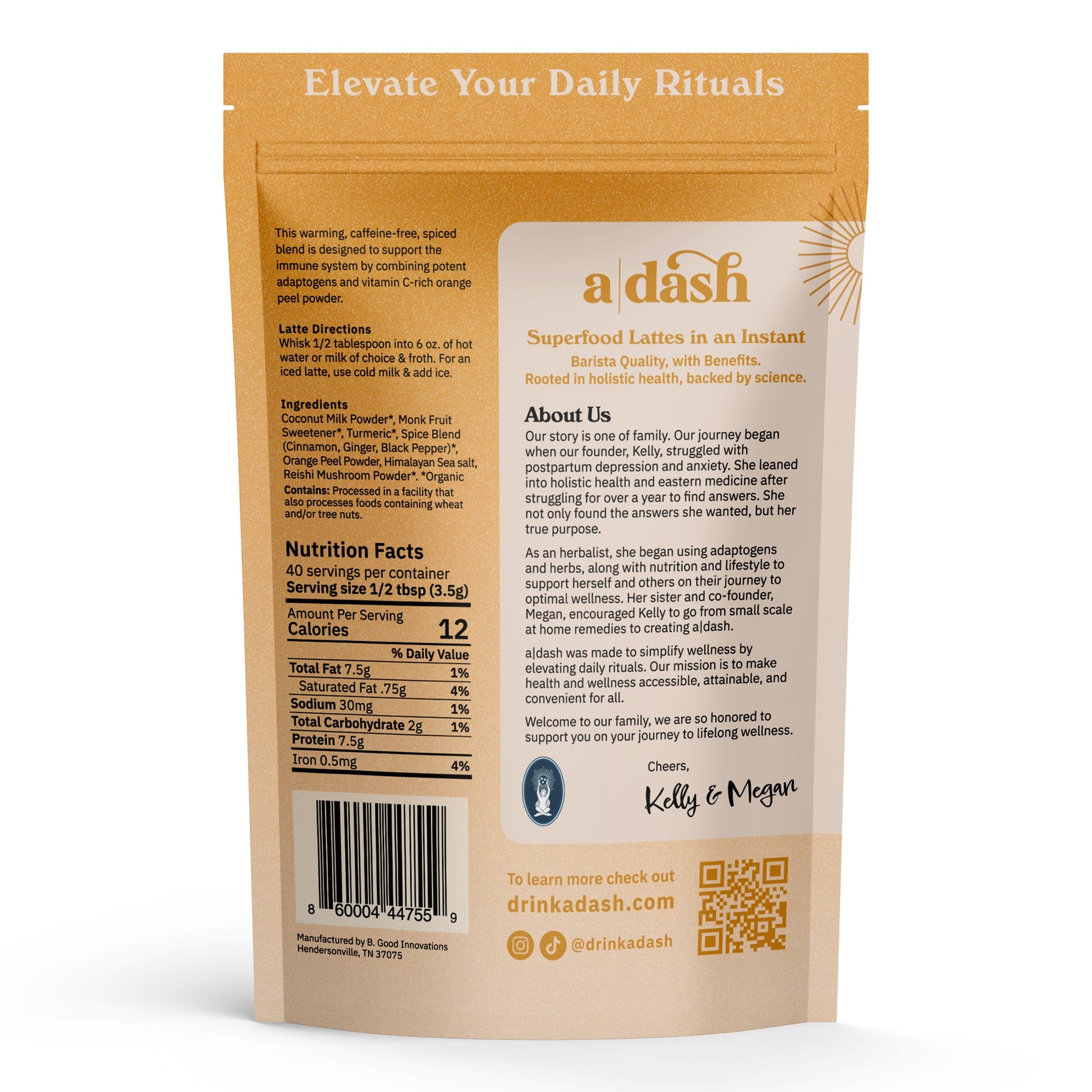 a|dash Golden Latte with Turmeric powdered beverage mix in a jar, showing the bright golden color and turmeric ingredients.