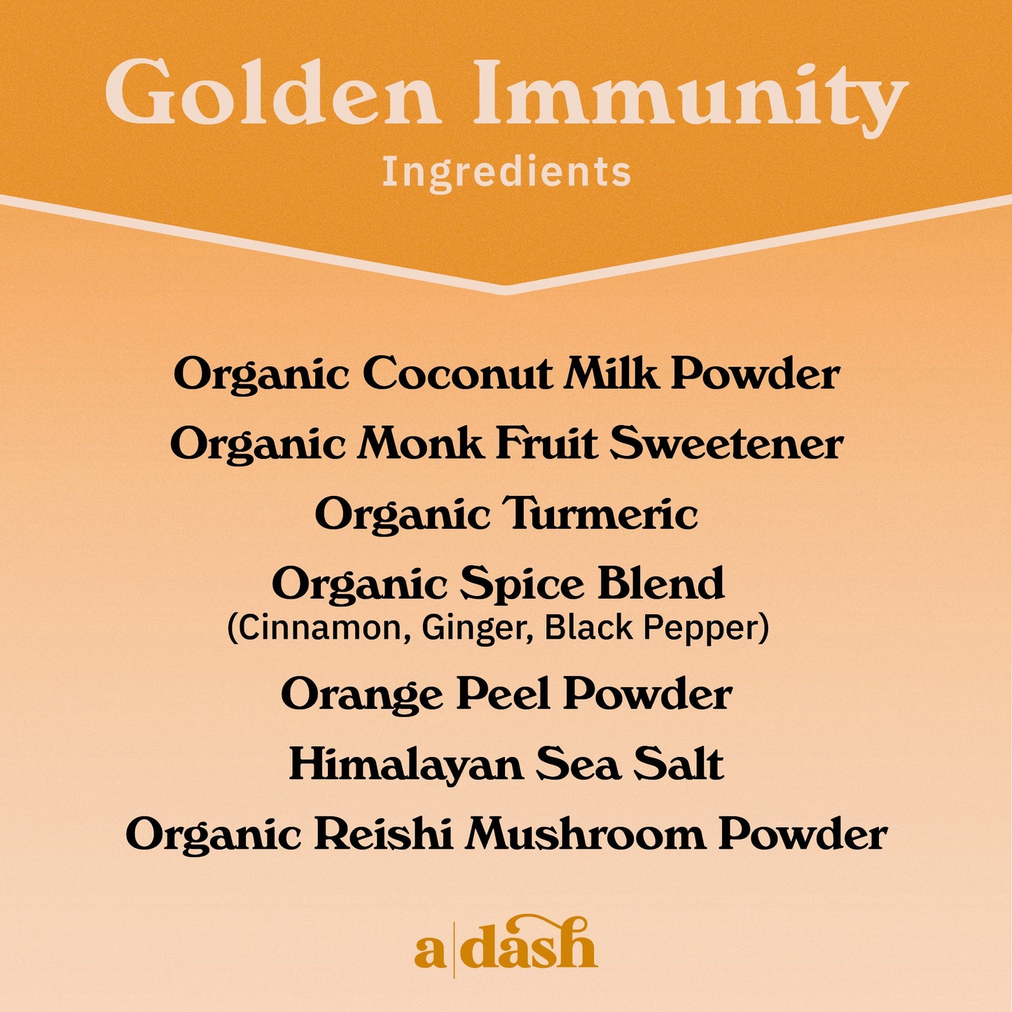 Golden Latte with Turmeric powdered beverage mix by a|dash, showing the turmeric, honey, and spice ingredients in the package.