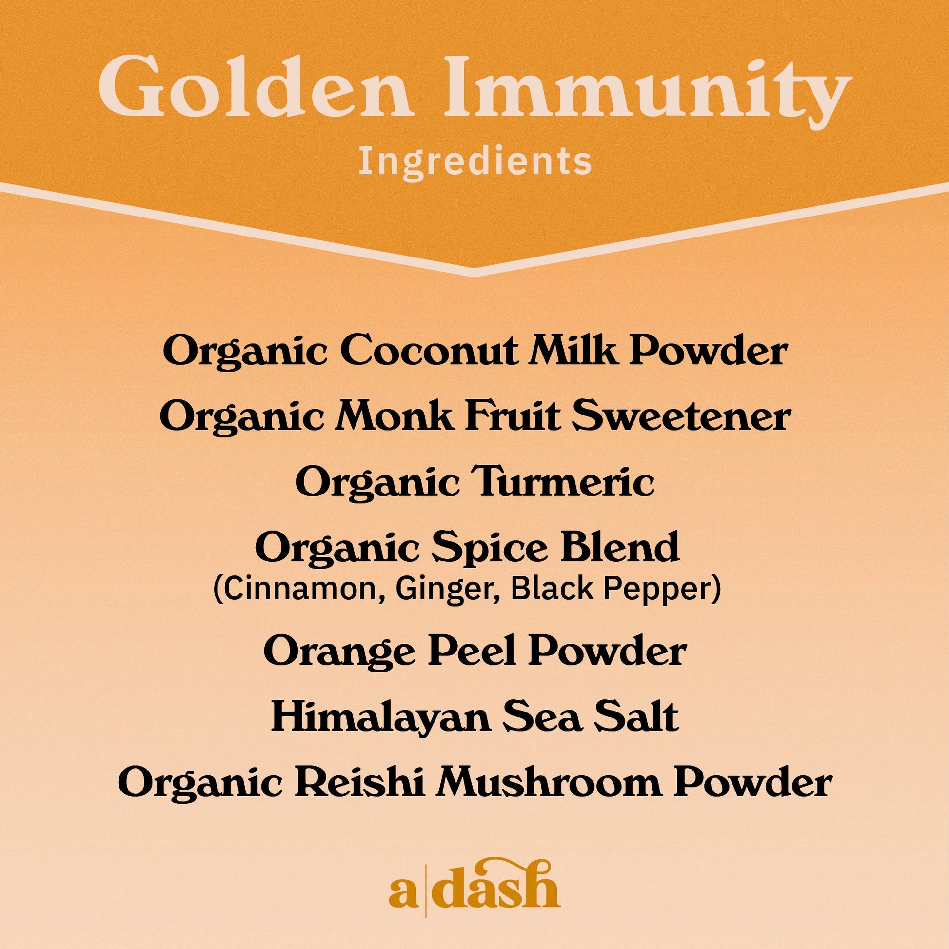 Golden Latte with Turmeric powdered beverage mix by a|dash, showing the turmeric, honey, and spice ingredients in the package.