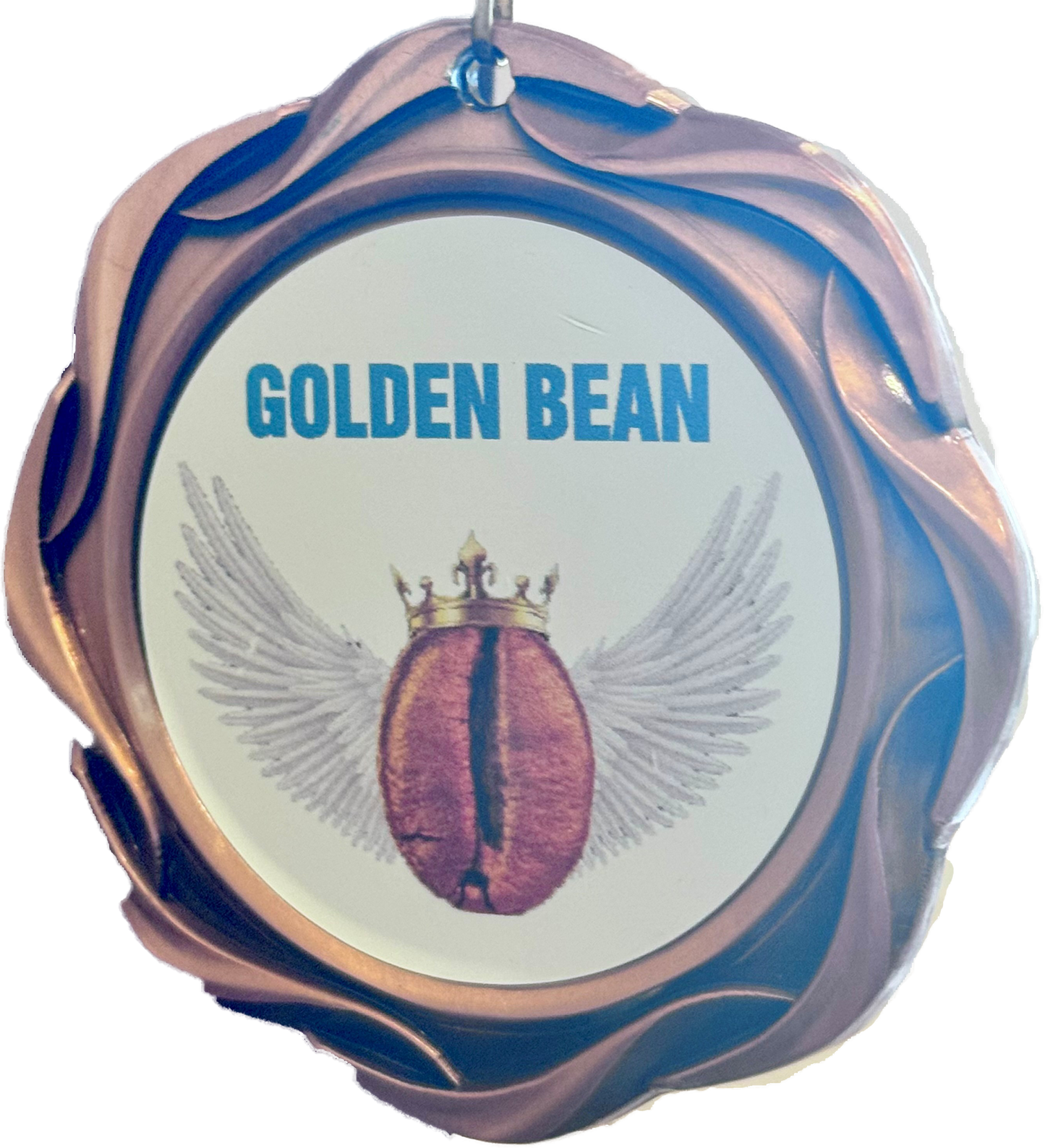 Golden coffee bean award with “The Upsetter” FTO Light Roast by Thanksgiving Coffee Company in a sleek front view image.