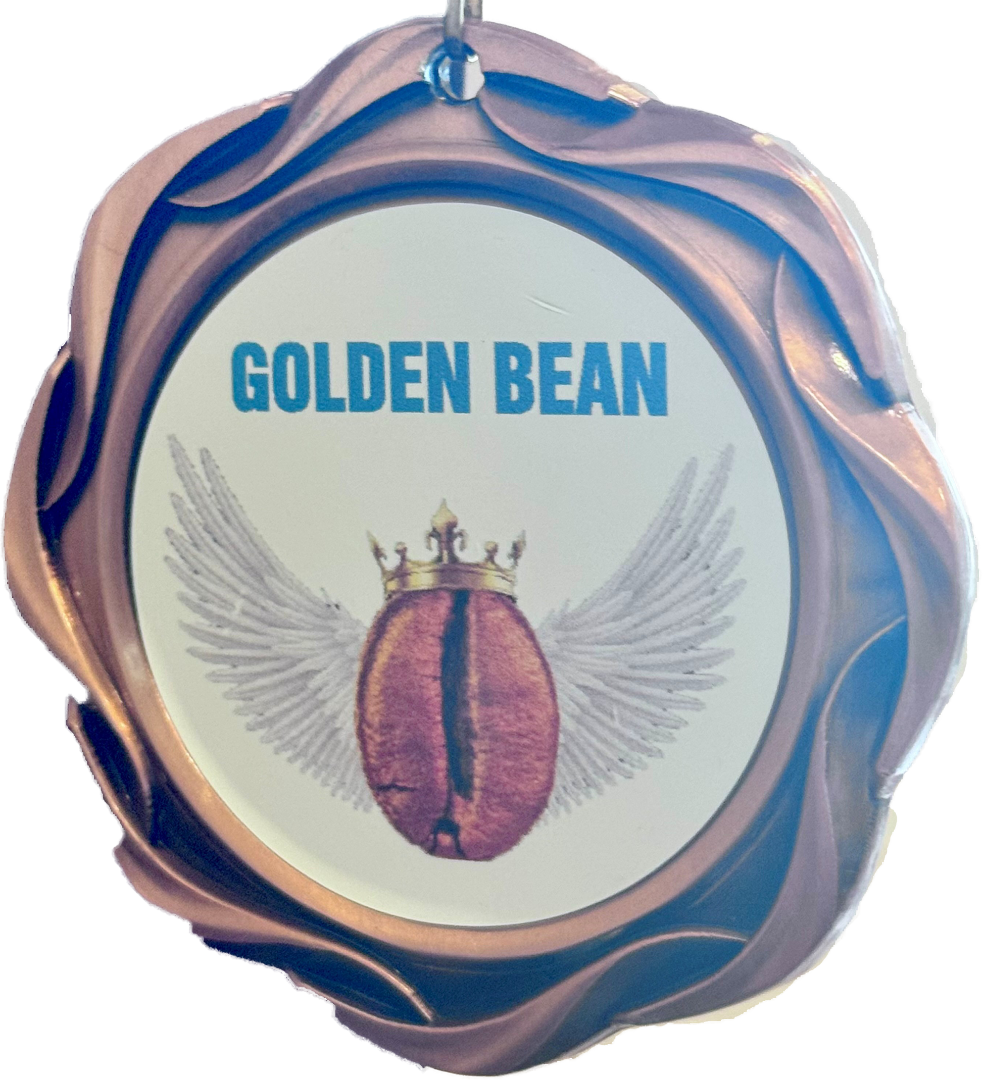 Golden coffee bean award with “The Upsetter” FTO Light Roast by Thanksgiving Coffee Company in a sleek front view image.