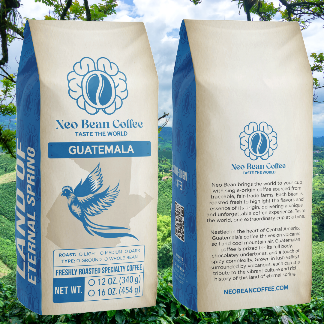 Freshly roasted NeoBean Organic Guatemala Single Origin Coffee beans on a farm, highlighting the coffee's origin and natural quality.