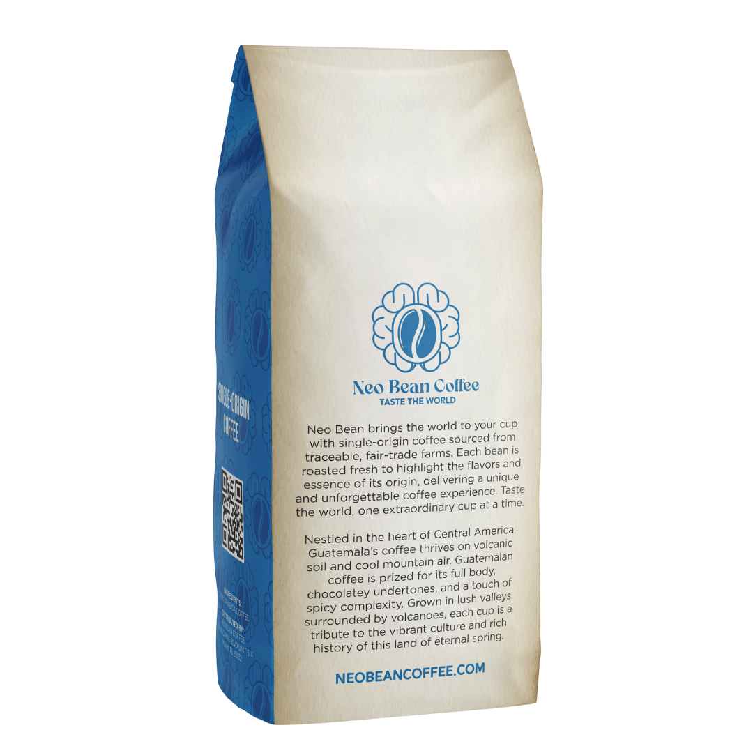 Freshly roasted NeoBean Organic Guatemala single-origin coffee in a bag, showcasing rich, dark beans from Guatemala.