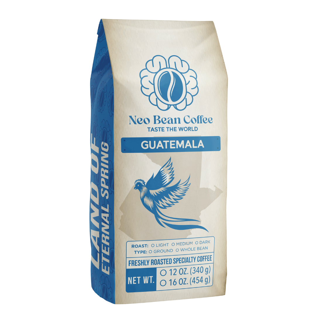 Freshly roasted NeoBean Organic Guatemala Single-Origin Coffee in a bag, showcasing the rich, earthy coffee beans.
