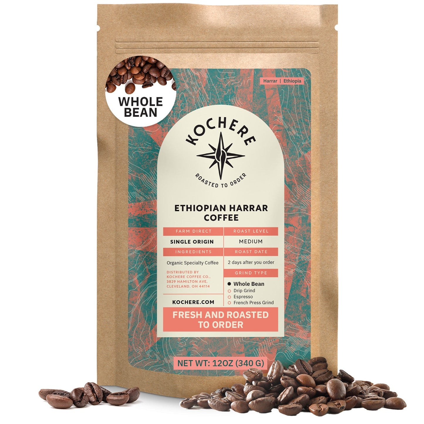 Ethiopian Harrar natural medium roast coffee by Kochere Coffee Co., featuring fruity blueberry and dark chocolate aroma.