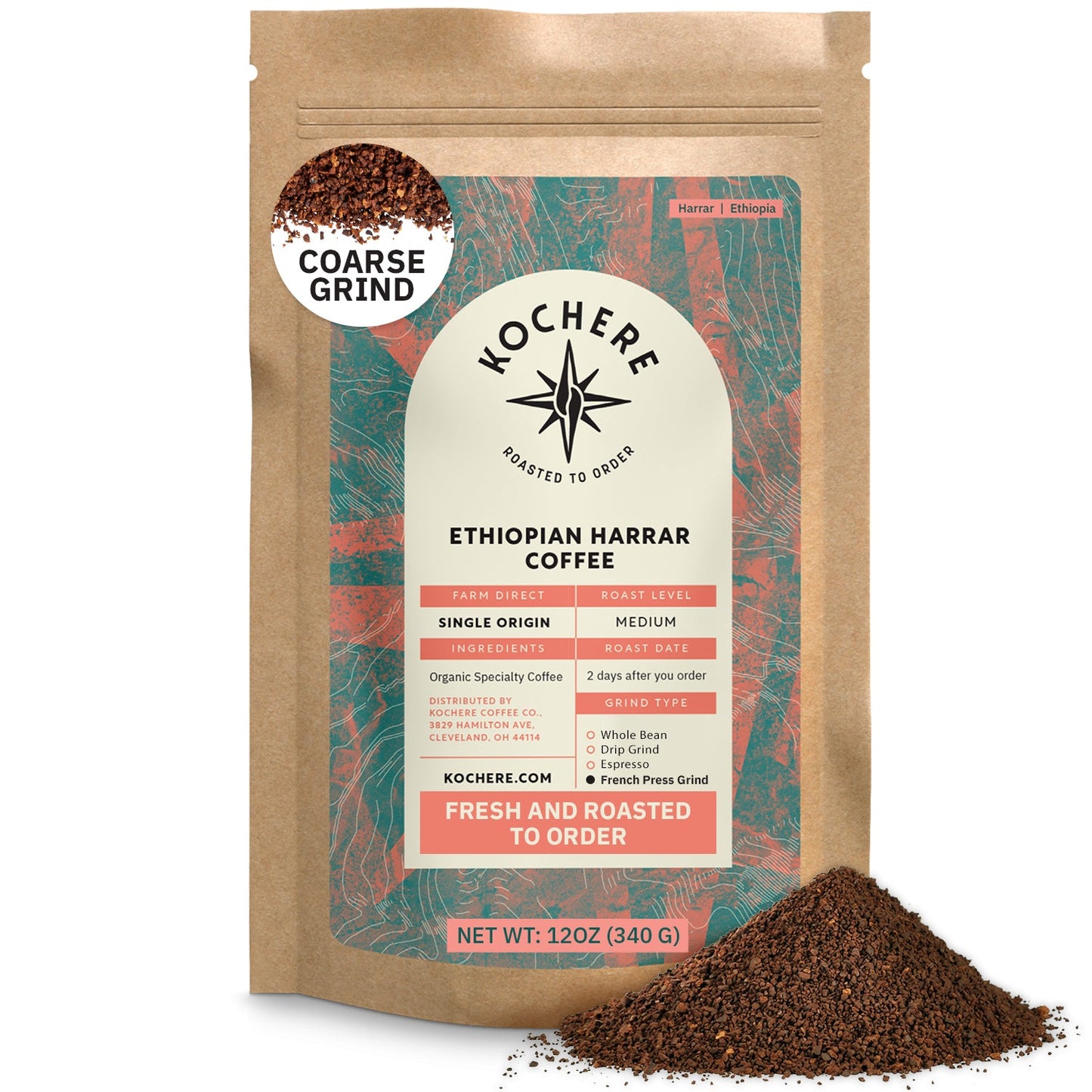 Ethiopian Harrar natural medium roast coffee by Kochere Coffee Co. with fruity blueberry and dark chocolate notes.