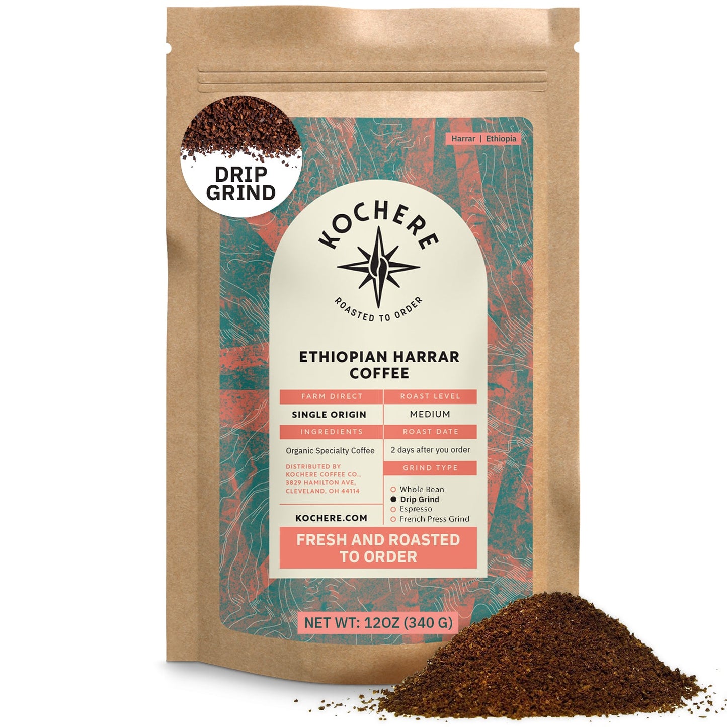 Ethiopian Harrar coffee from Kochere Coffee Co. featuring a medium roast with fruity blueberry and dark chocolate notes.