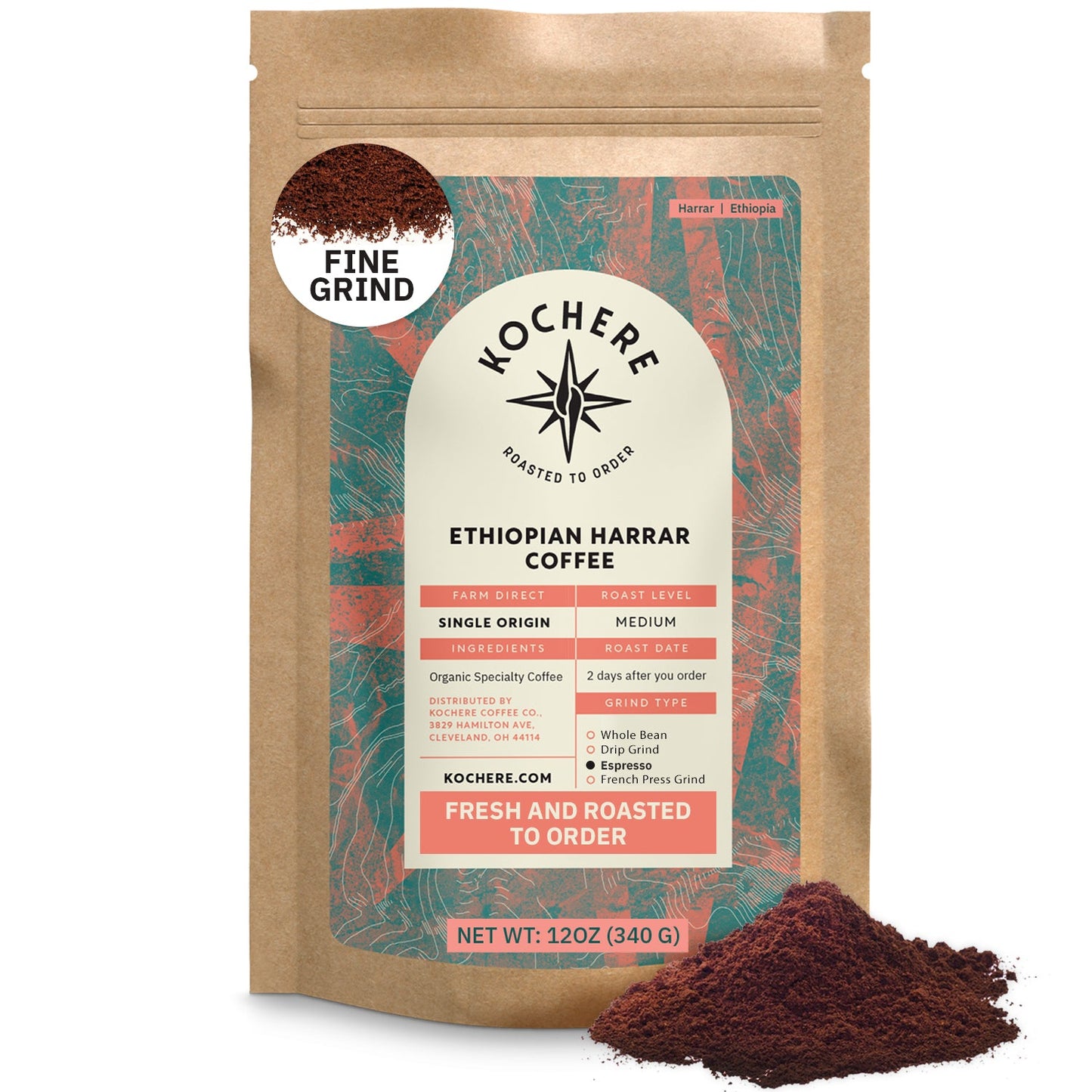 Ethiopian Harrar natural medium roast coffee by Kochere Coffee Co., featuring fruity blueberry and dark chocolate notes.