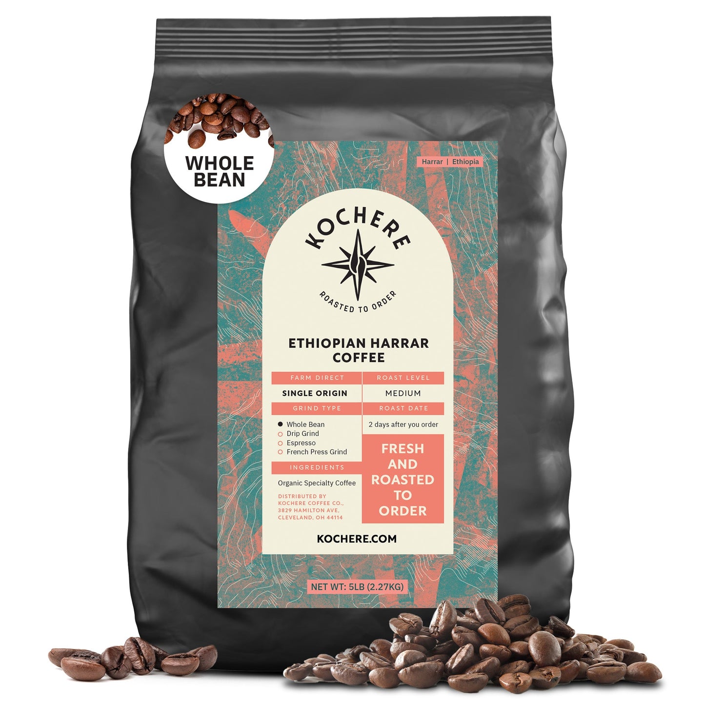 Ethiopian Harrar coffee by Kochere Coffee Co., medium roast with fruity blueberry and dark chocolate notes, in a coffee cup.