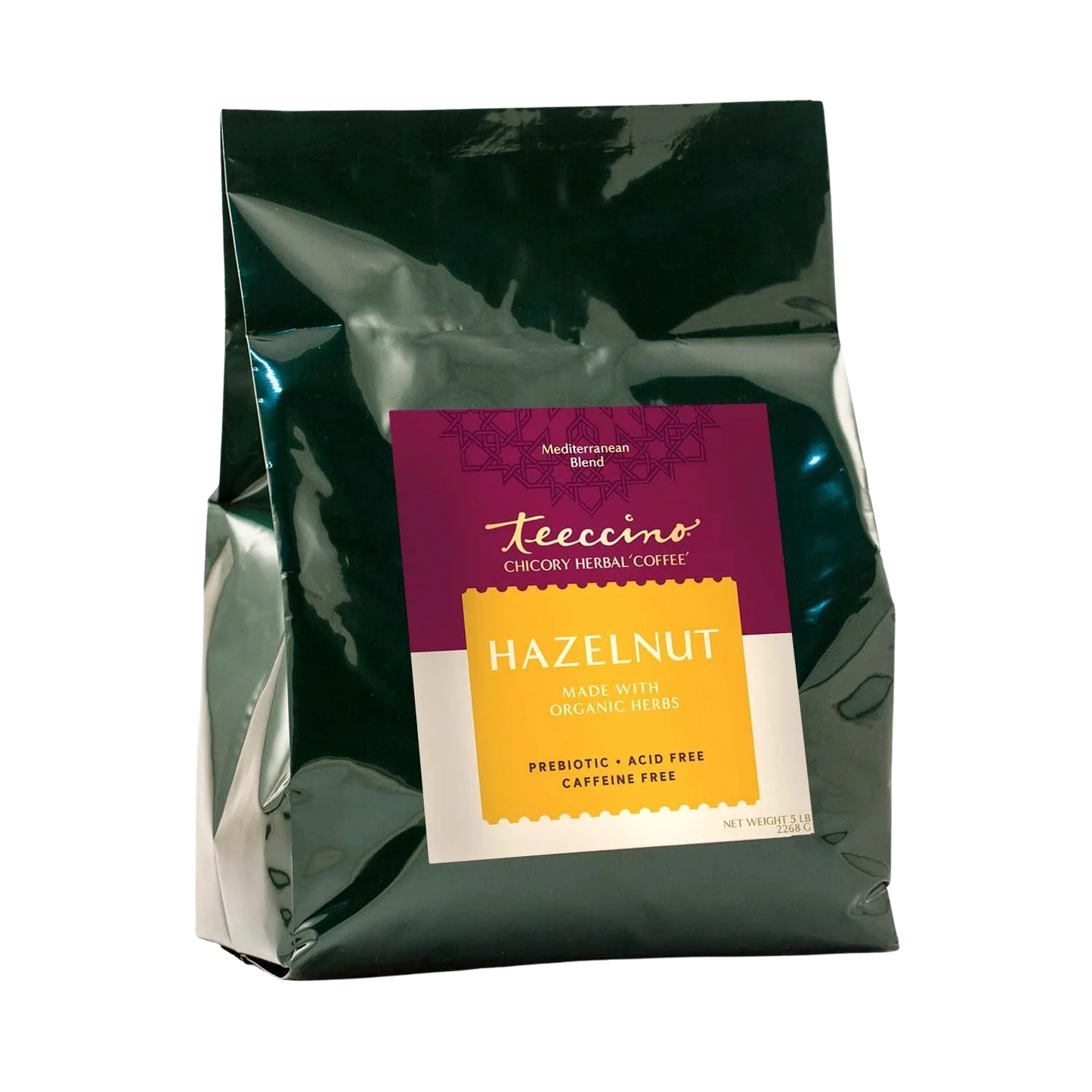 Teeccino Hazelnut Chicory Herbal Coffee in 5lb bag, showcasing a rich, aromatic blend of herbal coffee with hazelnut flavor.