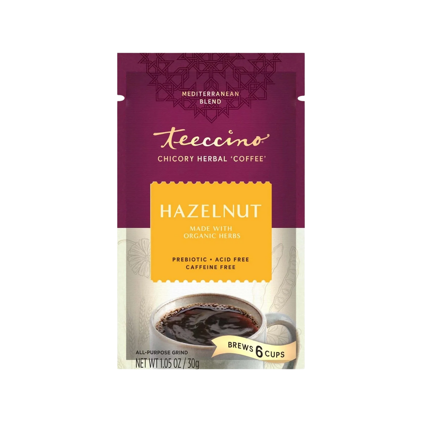 Packet of Teeccino Hazelnut Chicory Herbal Coffee, showcasing the herbal coffee product in a resealable bag.