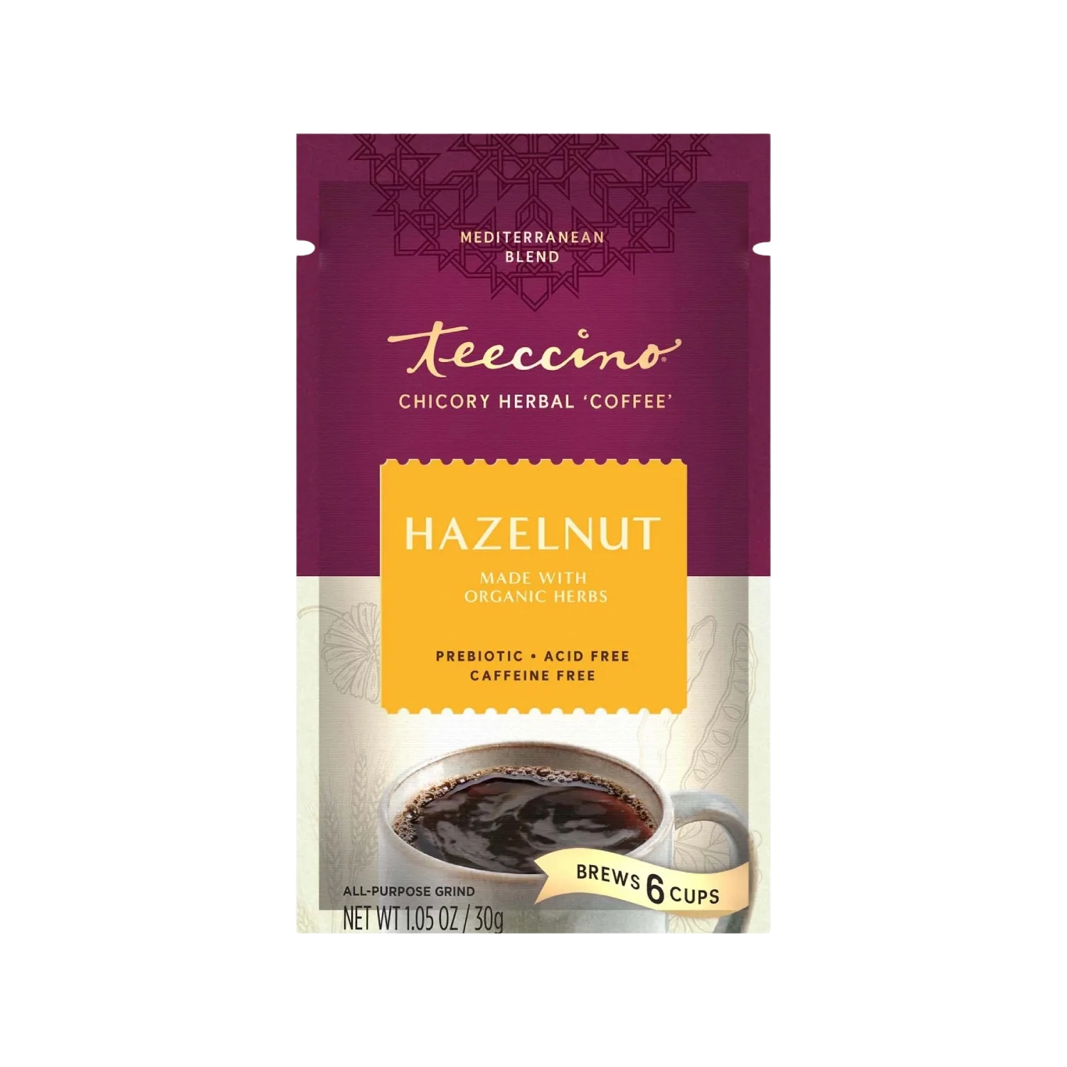 Packet of Teeccino Hazelnut Chicory Herbal Coffee, showcasing the herbal coffee product in a resealable bag.