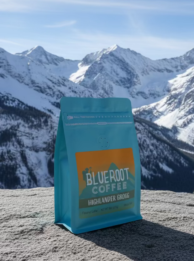 Highlander Grogg flavored coffee by Blueroot Coffee, steaming mug with rich dark brew and a cozy, inviting presentation.