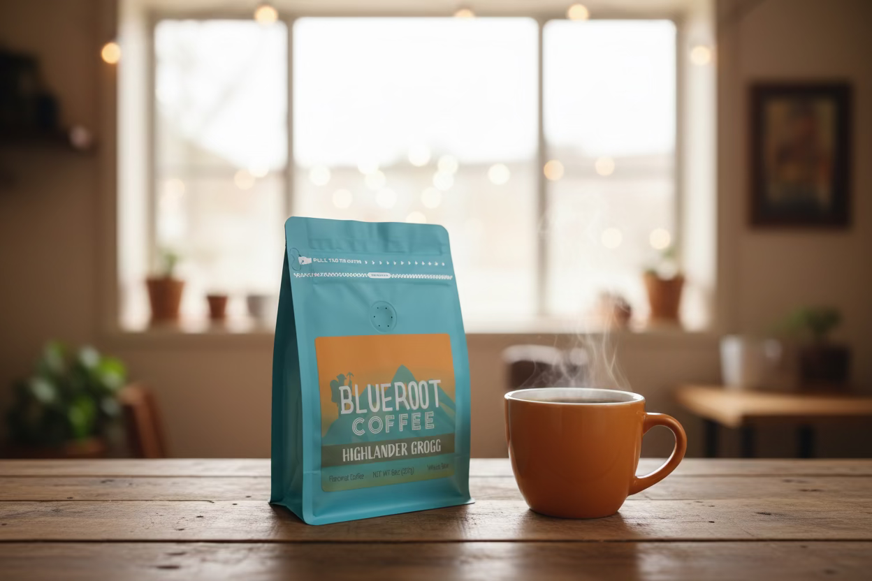 Highlander Grogg blend coffee bag from Blueroot Coffee with rustic packaging and Highlander Grogg label.
