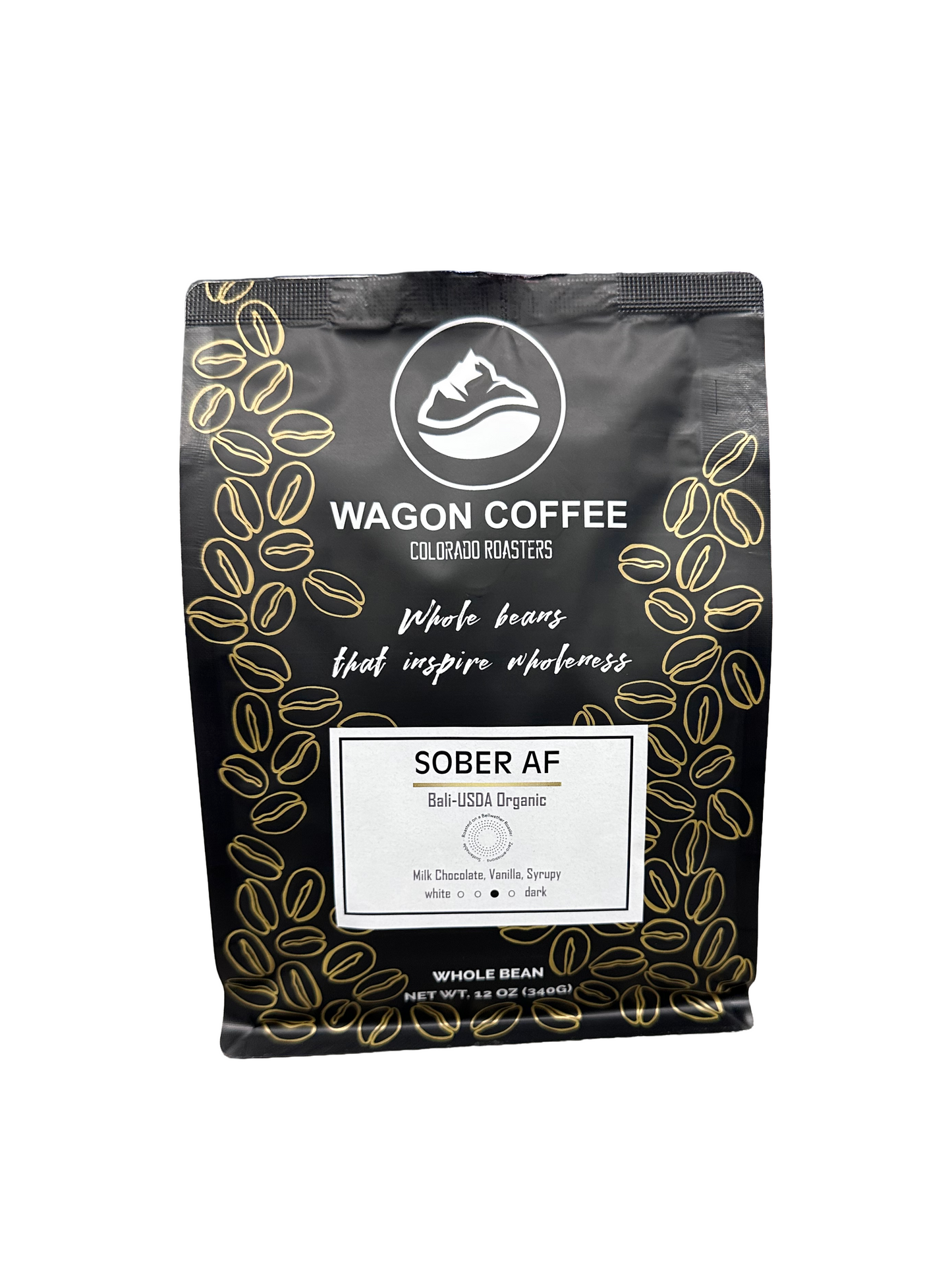 Sober AF Coffee mug with bold "Sober AF" text, ceramic cup, white background, featuring Wagon Coffee branding.