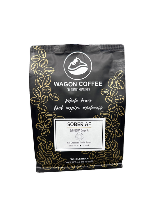 Sober AF Coffee mug with bold "Sober AF" text, ceramic cup, white background, featuring Wagon Coffee branding.