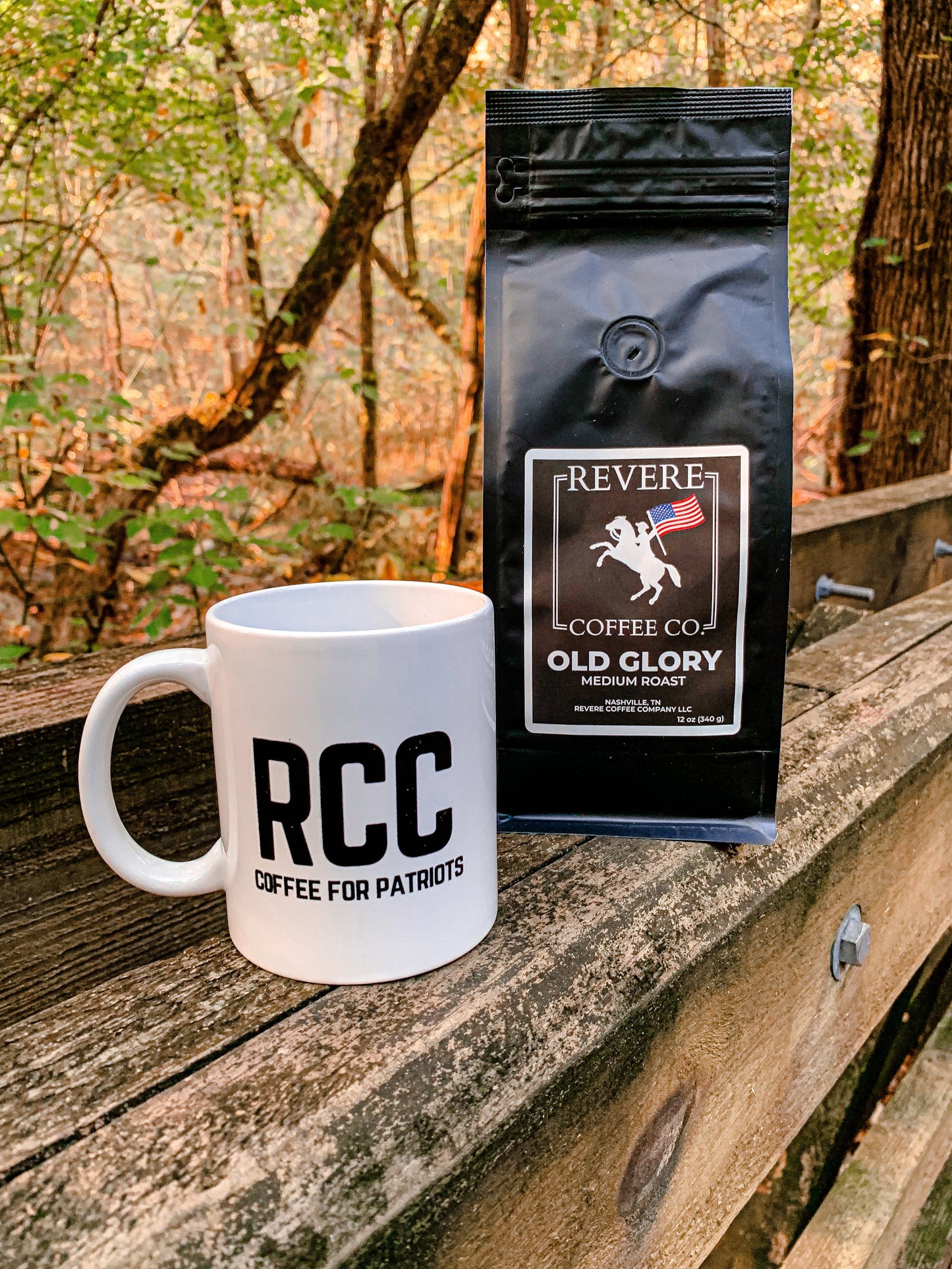 Medium roast Old Glory coffee by Revere Coffee Company in a bag with a vintage-style label and branding.