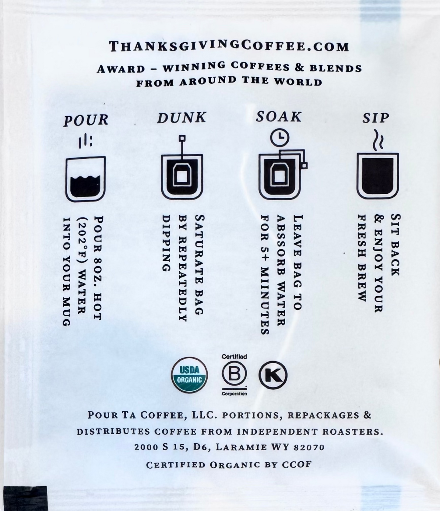 Royal Decaf Pour Ta Pour Over Packet from Thanksgiving Coffee Company, medium roast coffee for pour-over brewing.