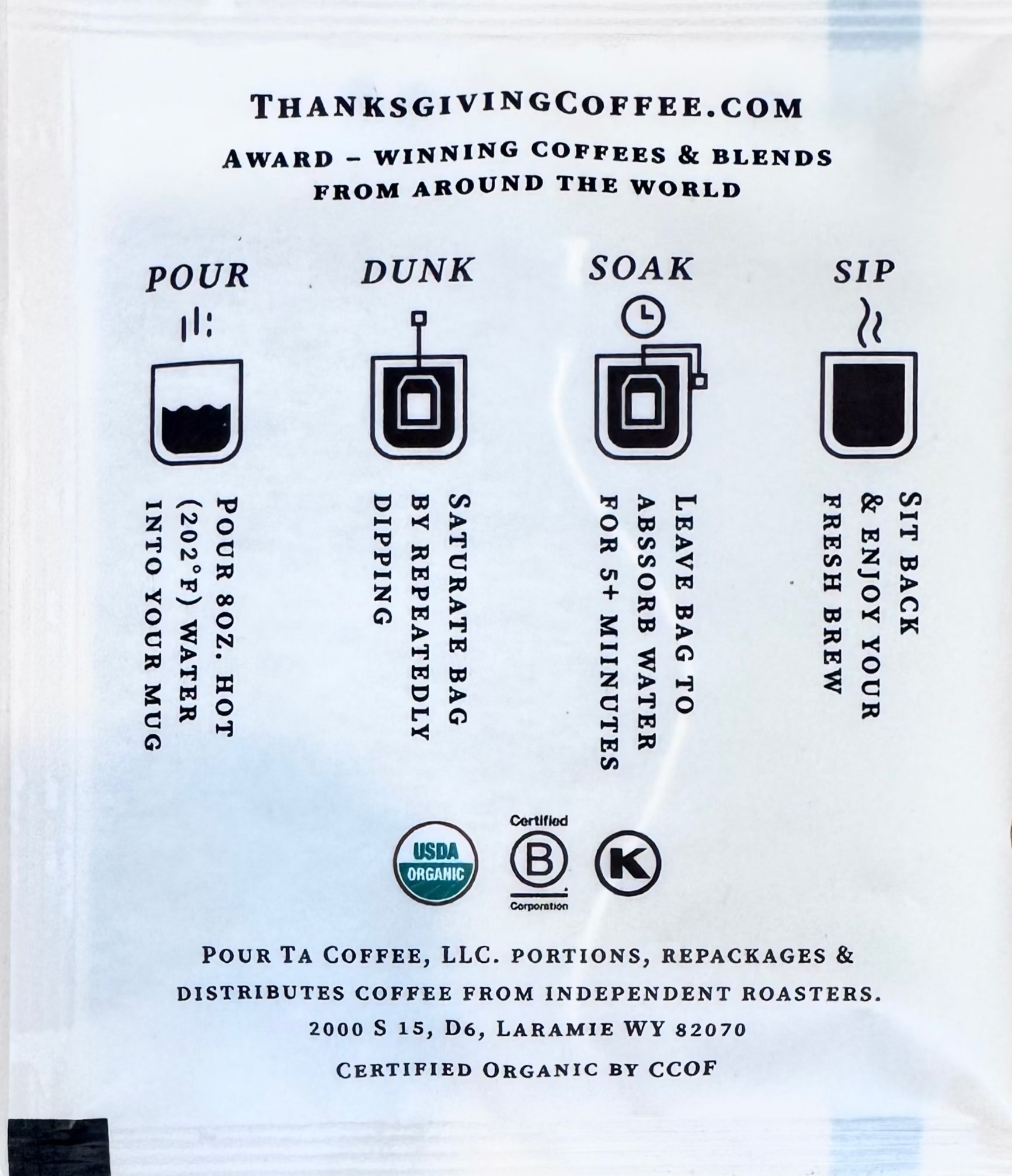 Royal Decaf Pour Ta Pour Over Packet from Thanksgiving Coffee Company, medium roast coffee for pour-over brewing.