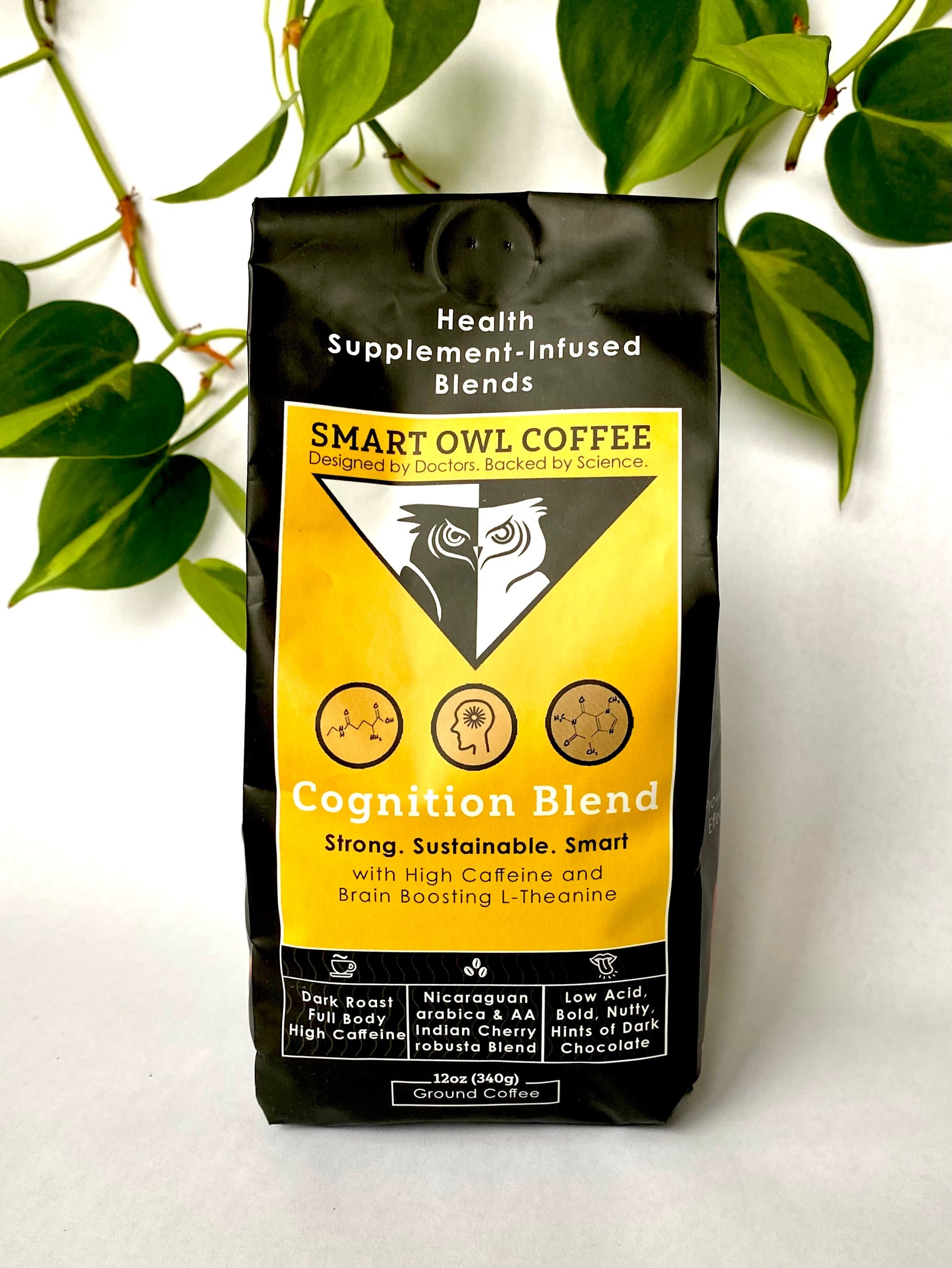 Smart Owl Coffee Cognition Blend coffee in a bag, featuring a sleek label with branding and product details, on a neutral background.