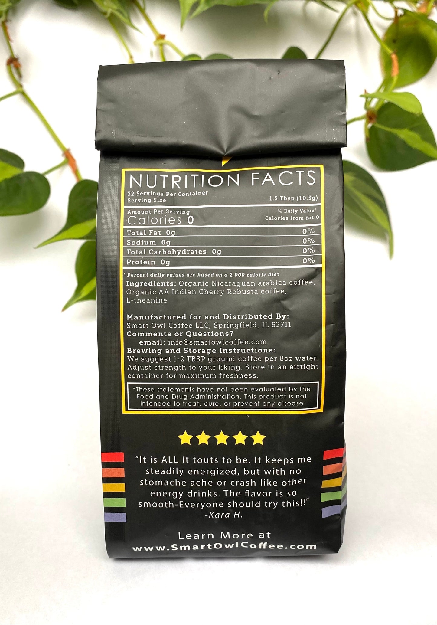Smart Owl Coffee Cognition Blend coffee bag with label, showcasing the branding and product packaging of cognitive coffee.