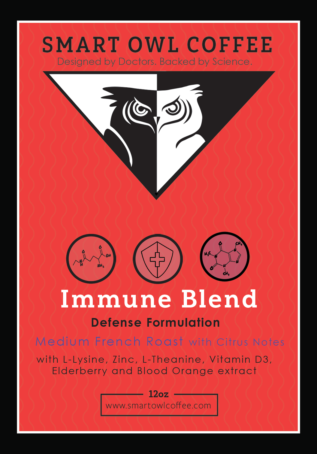 Smart Owl Coffee immune blend coffee with a label indicating immunity benefits, featuring a vibrant design on the packaging.