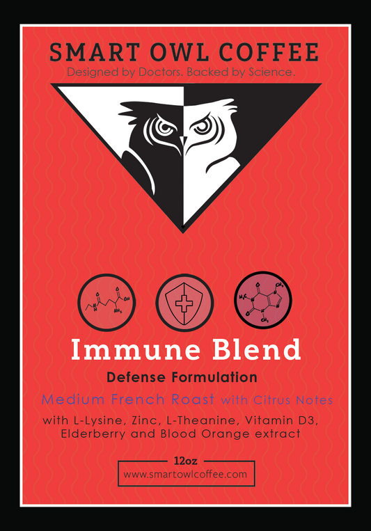 Smart Owl Coffee immune blend coffee with a label indicating immunity benefits, featuring a vibrant design on the packaging.