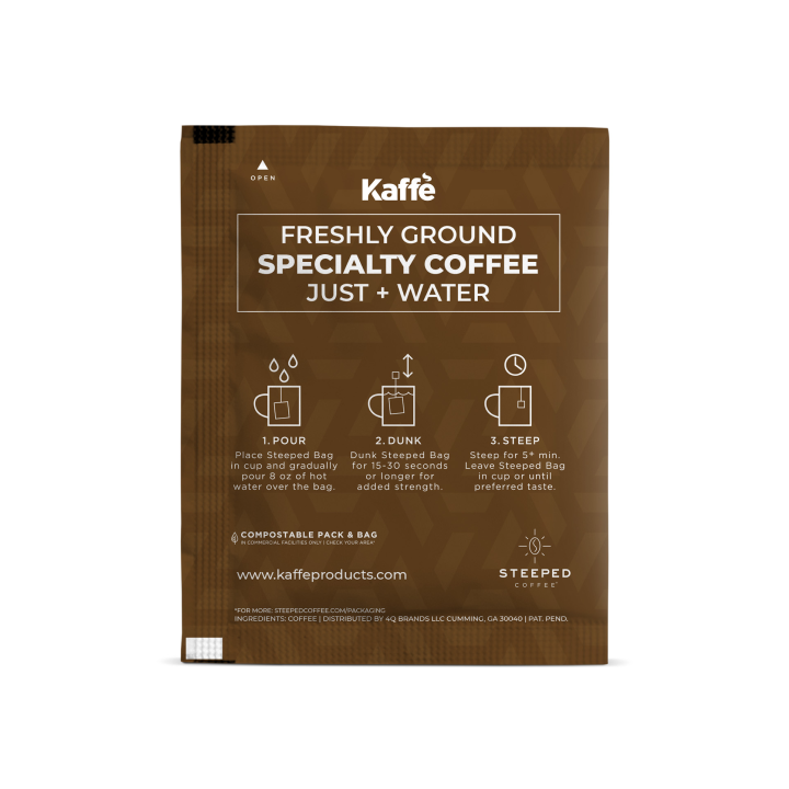 Kaffe Products Grizzly Blend dark roast steeped coffee bag, 5-pack, ready to brew with rich, bold flavor in a convenient steeping bag.