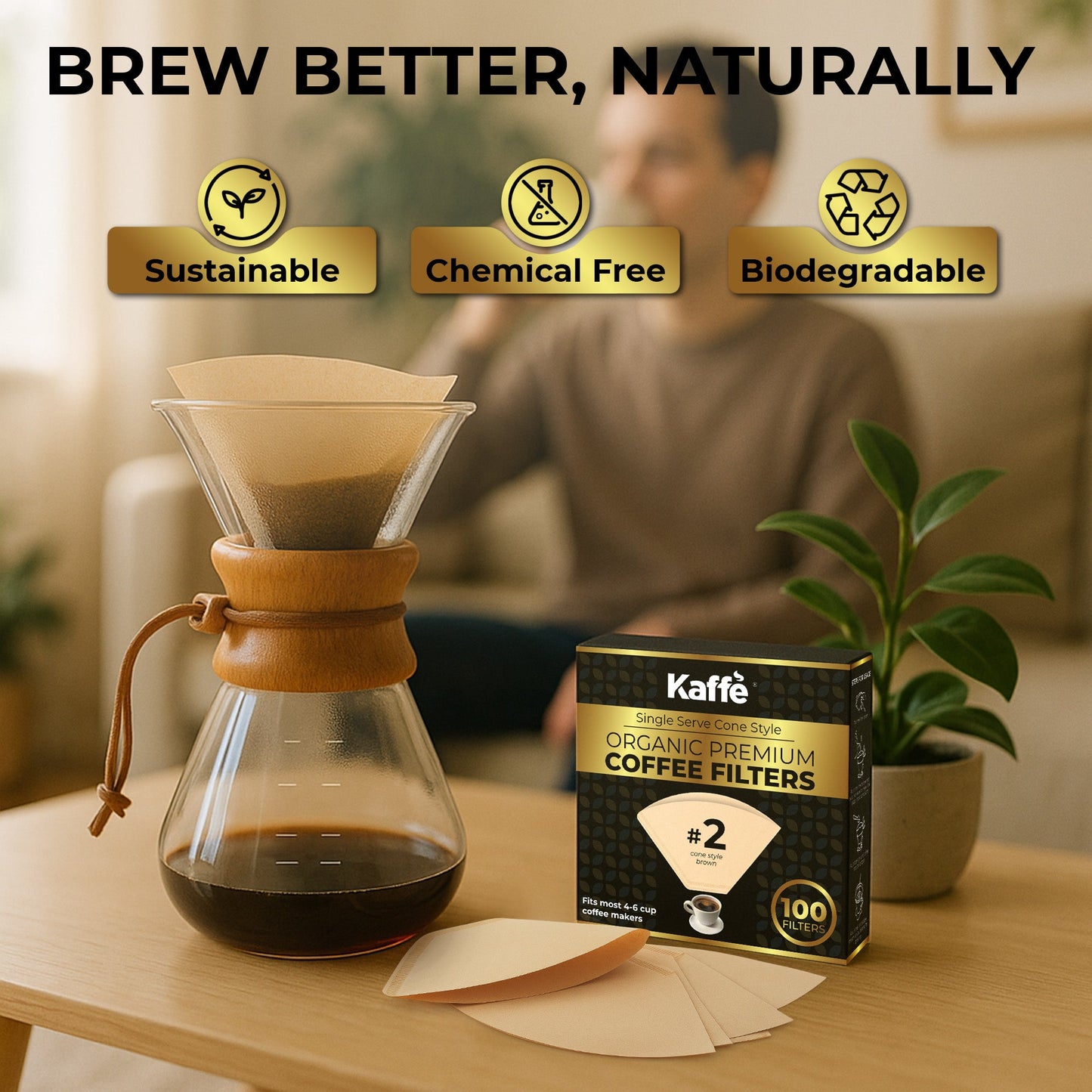 Organic premium Kaffe Products Coffee Filters #2, KFCF02B, showing unbleached paper filters for drip coffee brewing.