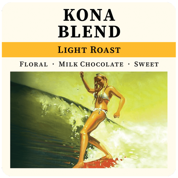 Front label of Thanksgiving Coffee Company's Kona Blend light roast coffee bag featuring the Kona coffee branding.