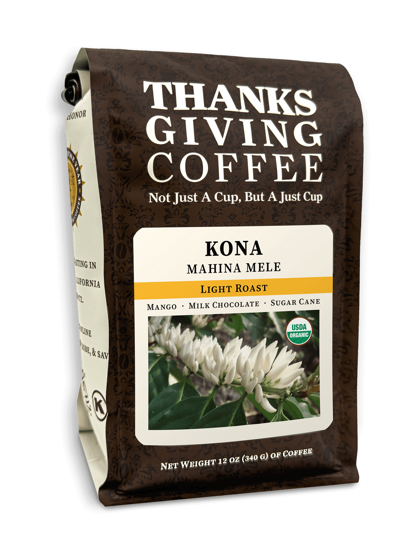 Light roast coffee beans from Kona Mahina Mele by Thanksgiving Coffee Company, shown in a close-up image.