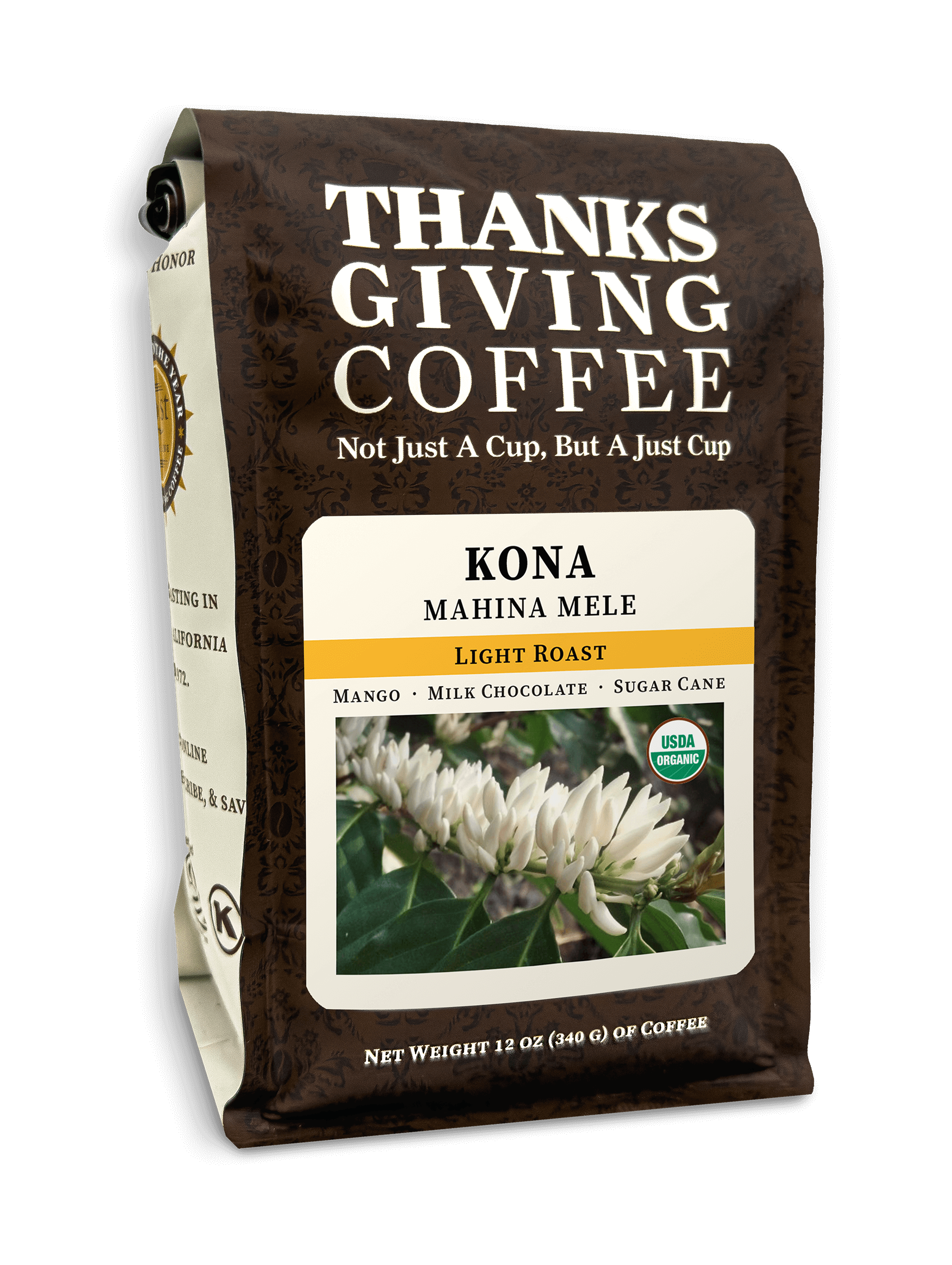 Light roast coffee beans from Kona Mahina Mele by Thanksgiving Coffee Company, shown in a close-up image.